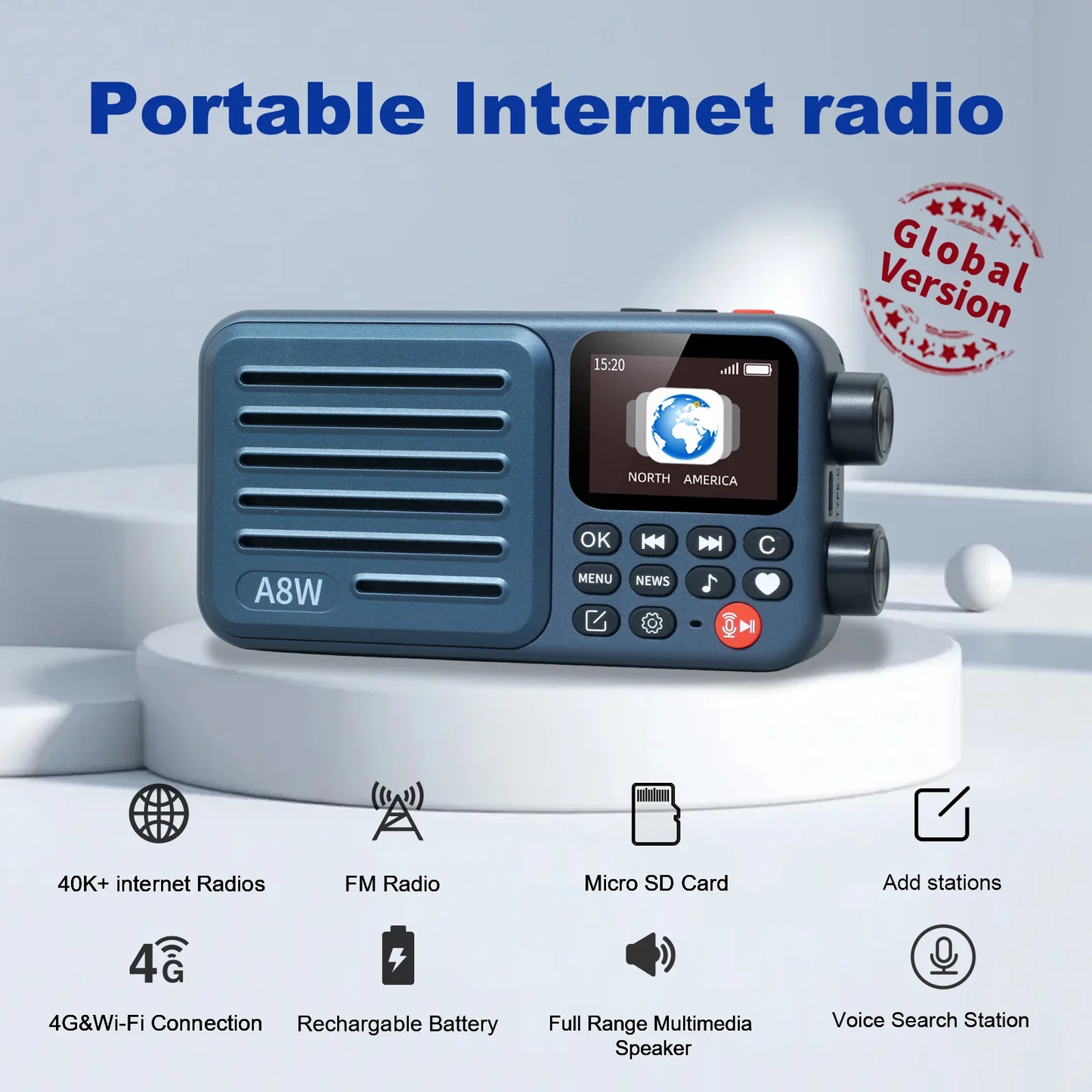 Choyong A8W Internet Radio Portable Smart Receiver WIFI/4G Global Version Radio Speaker with FM,TF Card,All World Radios,for Home with WiFi,Digital Radio,choyoung Navy Blue