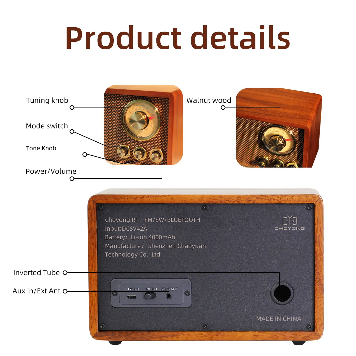 ChaoYuan R1 Walnut Solid Wood Bluetooth Radio,Vintage Speaker, AM/FM Radio ,Shortwave radio for Home CHOYONG R1 CHOYOUNG RADIO