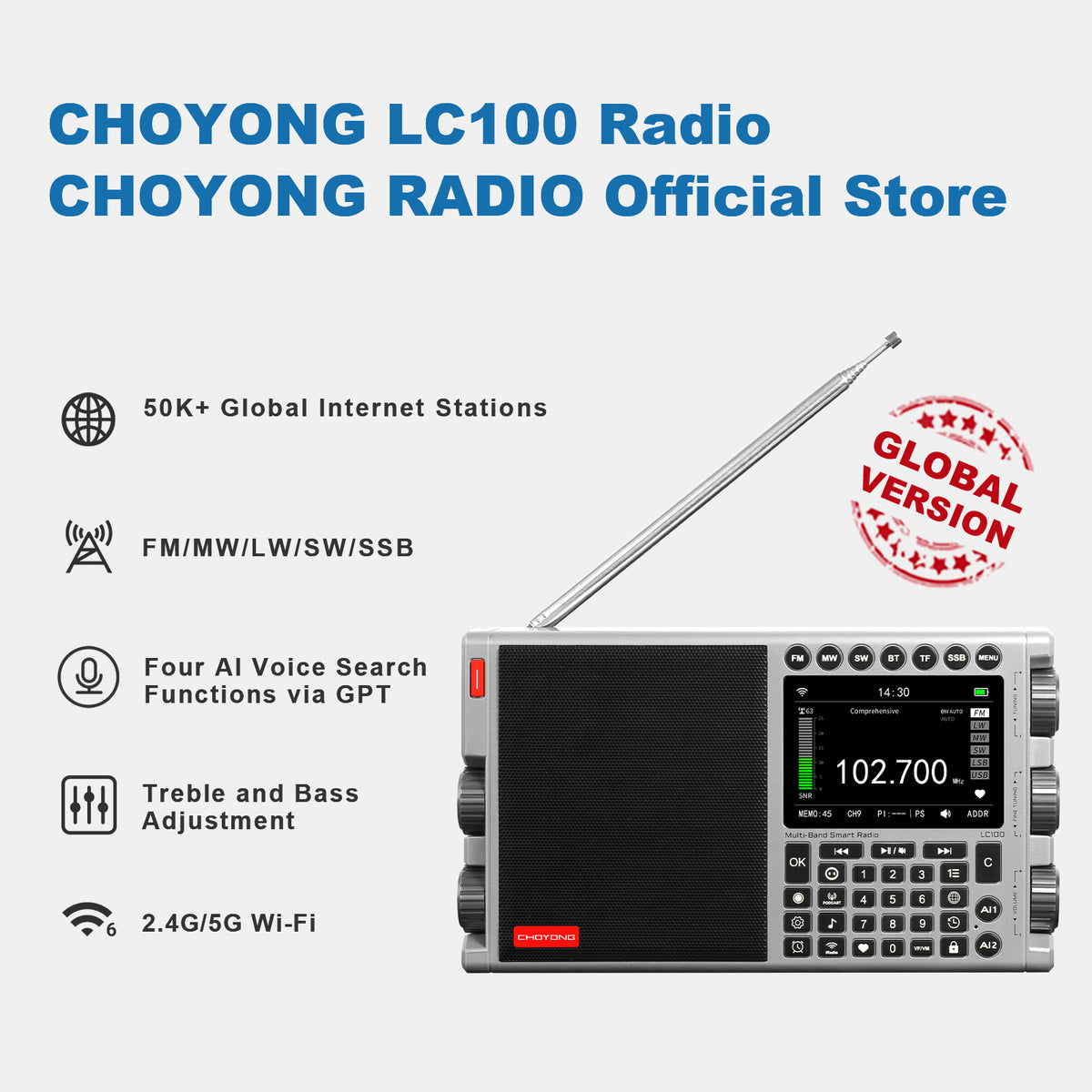 CHOYONG LC100 Internet Radio Multi-Band Smart Radio WiFi/4G Global Version